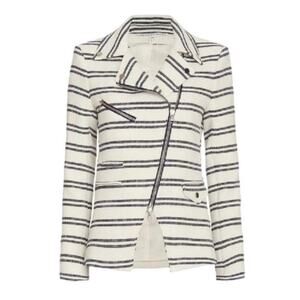 Veronica Beard Hadley Striped Textured Moto Jacket Navy Off White Blazer Sz 2